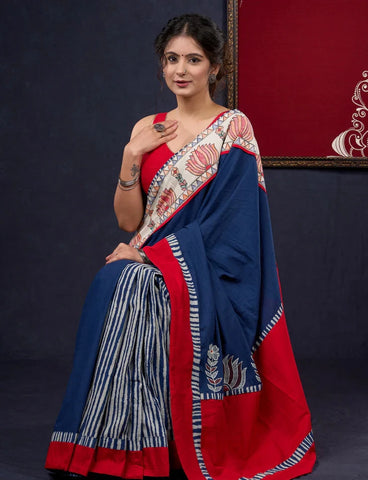 Hand-painted Madhubani & Indigo combination saree