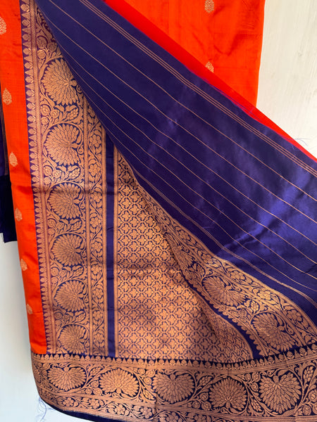 Pure Katan Silk Handloom Saree in Orange and Royal Blue