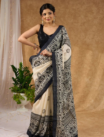 Off White Pure Silk Hand Block Printed Saree