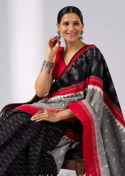 GREY IKAT AND BLACK AND RED COMBINATIONAL IKAT SAREE