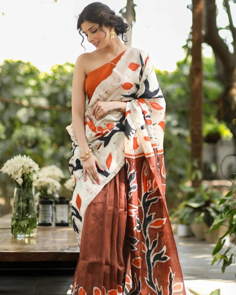 BROWN & OFF-WHITE COMBINATION HAND BATIK PURE SILK SAREE