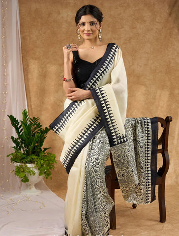 Off White Pure Silk Block Printed Saree With Temple Border