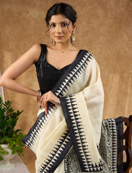 Off White Pure Silk Block Printed Saree With Temple Border