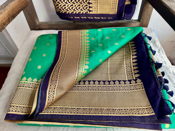 Green and Navy Blue Tussar Silk Saree