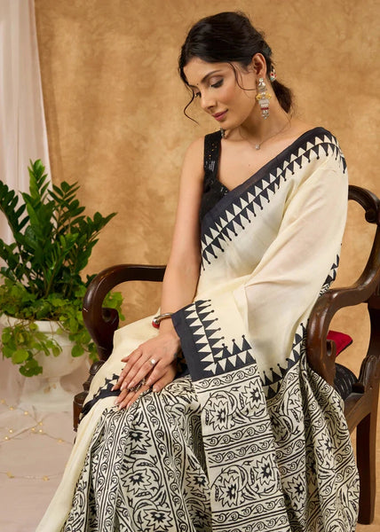 Off White Pure Silk Block Printed Saree With Temple Border