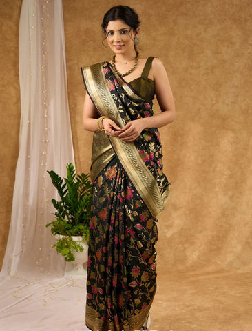 Black and Multicolor Banarasi Silk Saree