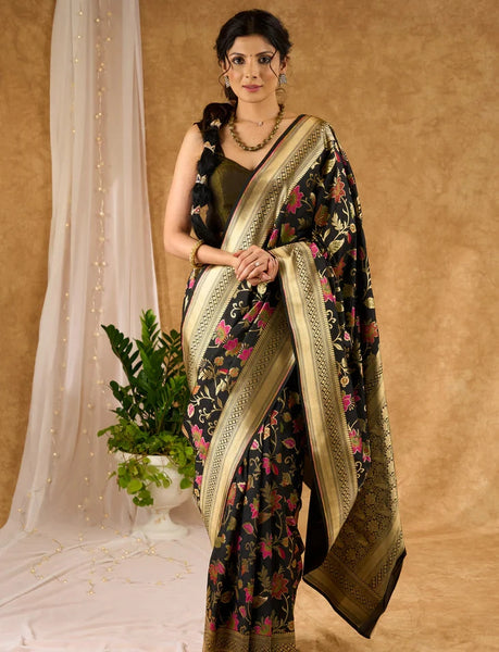 Black and Multicolor Banarasi Silk Saree