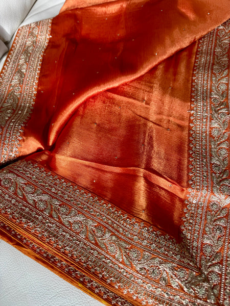 Orange Satin Mukaish Work Saree with Antique Zari Embroidery