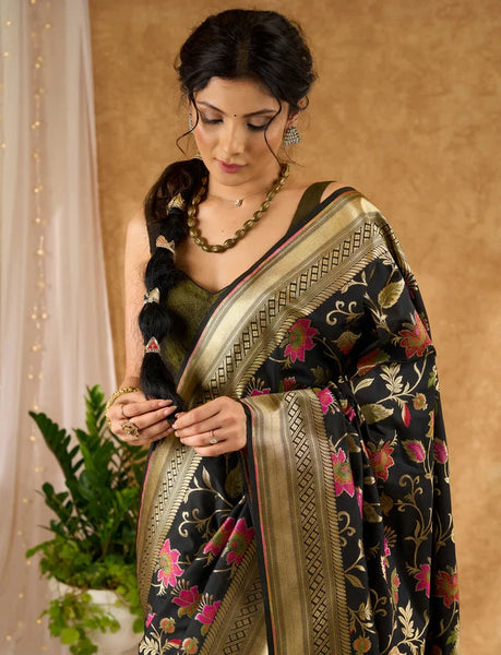 Black and Multicolor Banarasi Silk Saree