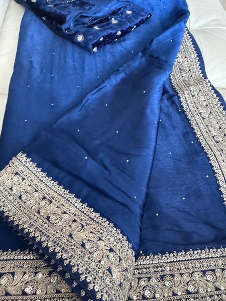 Deep Midnight Blue Satin Mukesh Work Saree with Antique Zari Embroidery