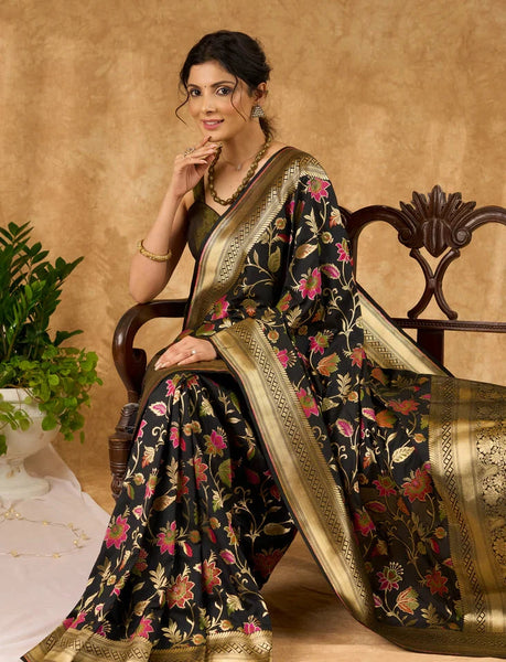 Black and Multicolor Banarasi Silk Saree