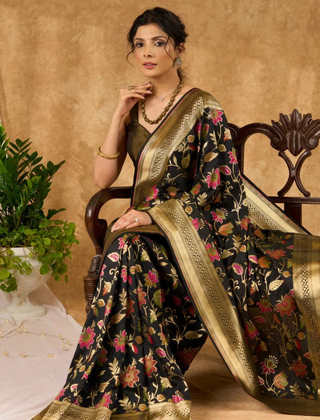 Black and Multicolor Banarasi Silk Saree