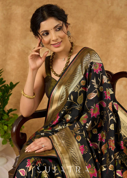 Black and Multicolor Banarasi Silk Saree