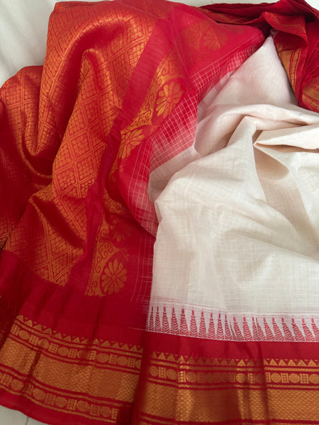 White and Red Cotton Gadhwal Saree