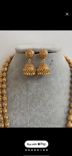 Double Layered Gold Matar Mala Necklace Strand with Earrings