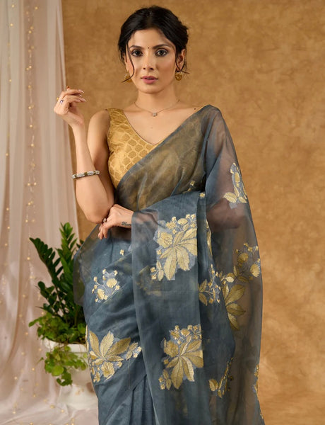 Grey Kota Organza Saree With Embroidered Motifs All Over