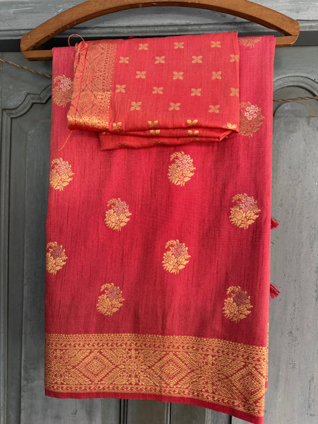 Coral Pink and Dual Tone Tussar Silk Saree