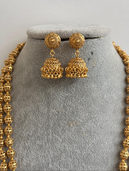 Double Layered Gold Matar Mala Necklace Strand with Earrings