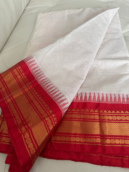 White and Red Cotton Gadhwal Saree