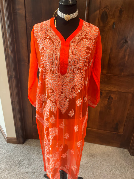 Orange Georgette Lucknowi Chikankari long Kurti