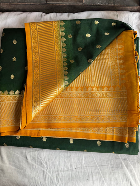 Forest Green and Yellow Soft Tussar Silk Saree