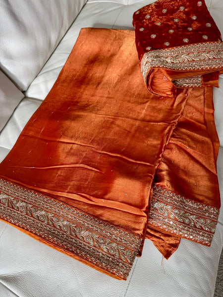 Orange Satin Mukaish Work Saree with Antique Zari Embroidery