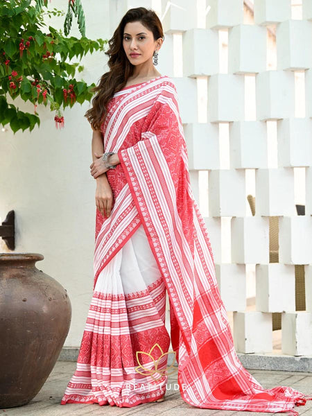 White and Red Handloom Cotton Saree