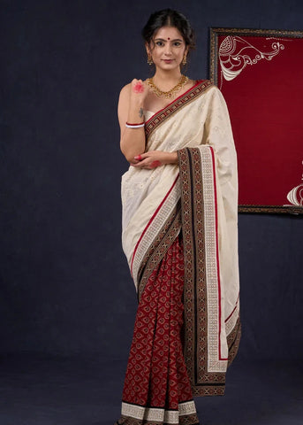 Hakoba & Ajrakh Combination Saree with Lace Border