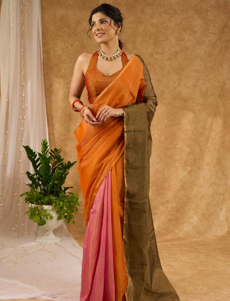 Orange & Pink Combination Pure Tissue Saree