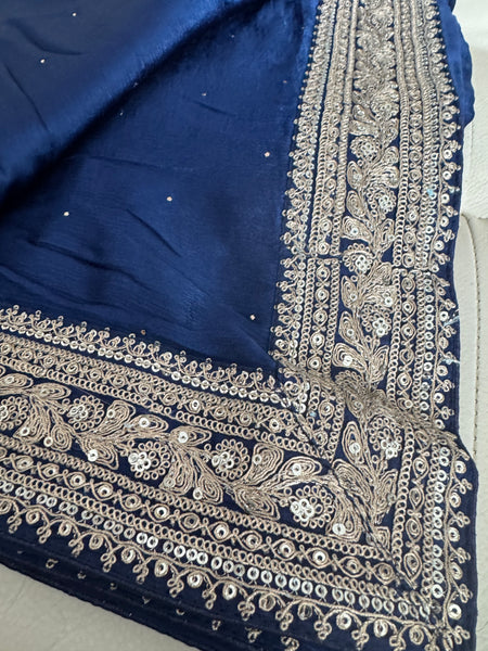 Deep Midnight Blue Satin Mukesh Work Saree with Antique Zari Embroidery