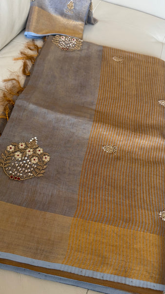 Dual Tone Grey Silver Gold Tone Tissue Linen Saree