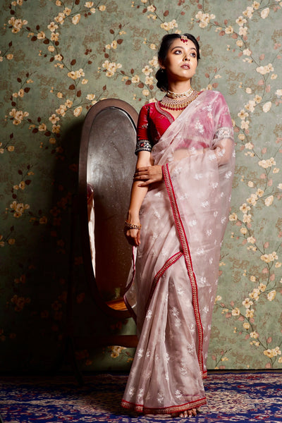 Blush Pink Organza Saree with Rani Pink Border