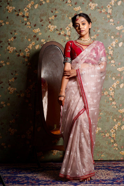 Blush Pink Organza Saree with Rani Pink Border