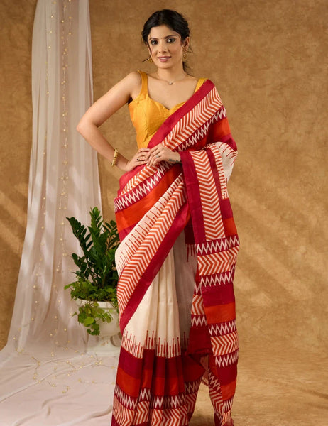 Pure Red and Off White Silk Saree Block Printed Saree With Temple Border