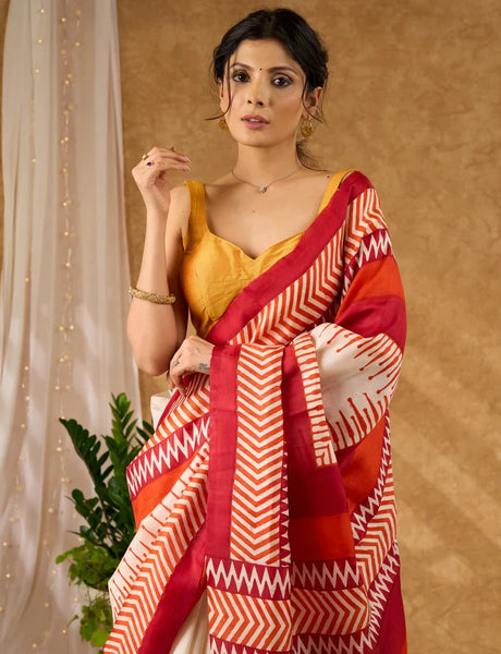 Pure Red and Off White Silk Saree Block Printed Saree With Temple Border