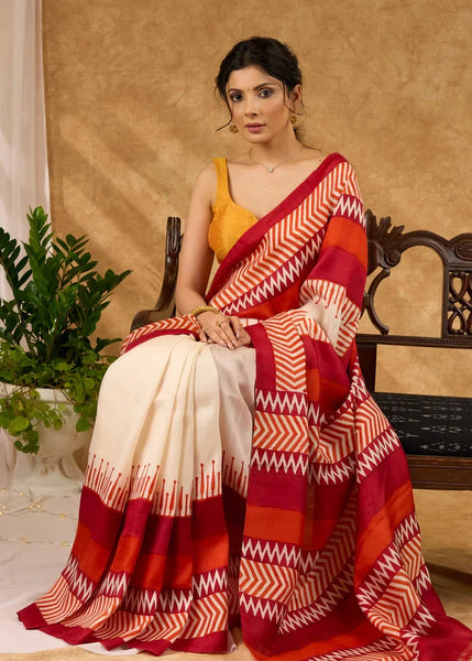 Pure Red and Off White Silk Saree Block Printed Saree With Temple Border