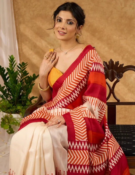 Pure Red and Off White Silk Saree Block Printed Saree With Temple Border