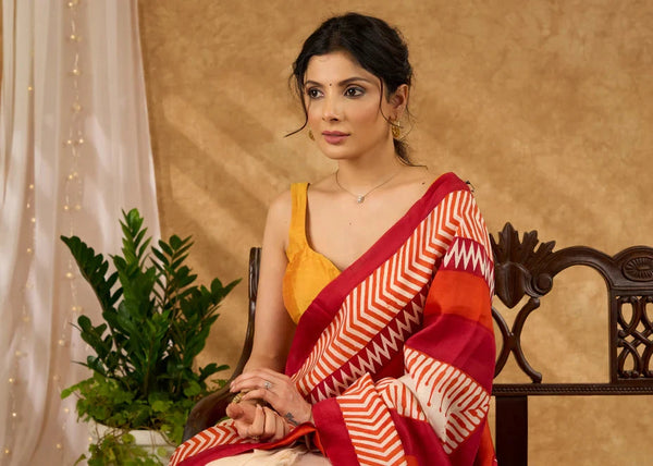 Pure Red and Off White Silk Saree Block Printed Saree With Temple Border