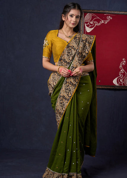 Moss Green Cotton Saree with Kalamkari Border