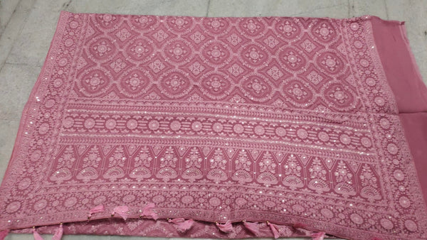 Coral Pink Chiffon Saree with Lucknowi Chikankari Work