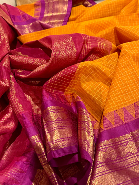 Pure Cotton Orange and Purple Magenta Gadwal Saree