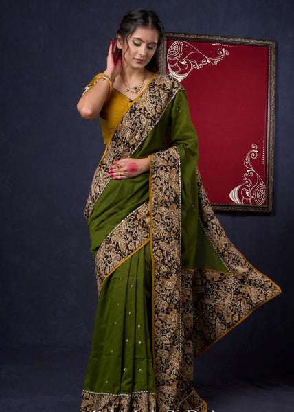 Moss Green Cotton Saree with Kalamkari Border