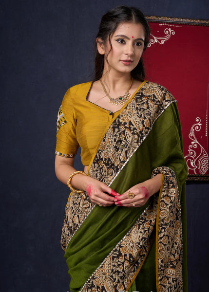 Moss Green Cotton Saree with Kalamkari Border