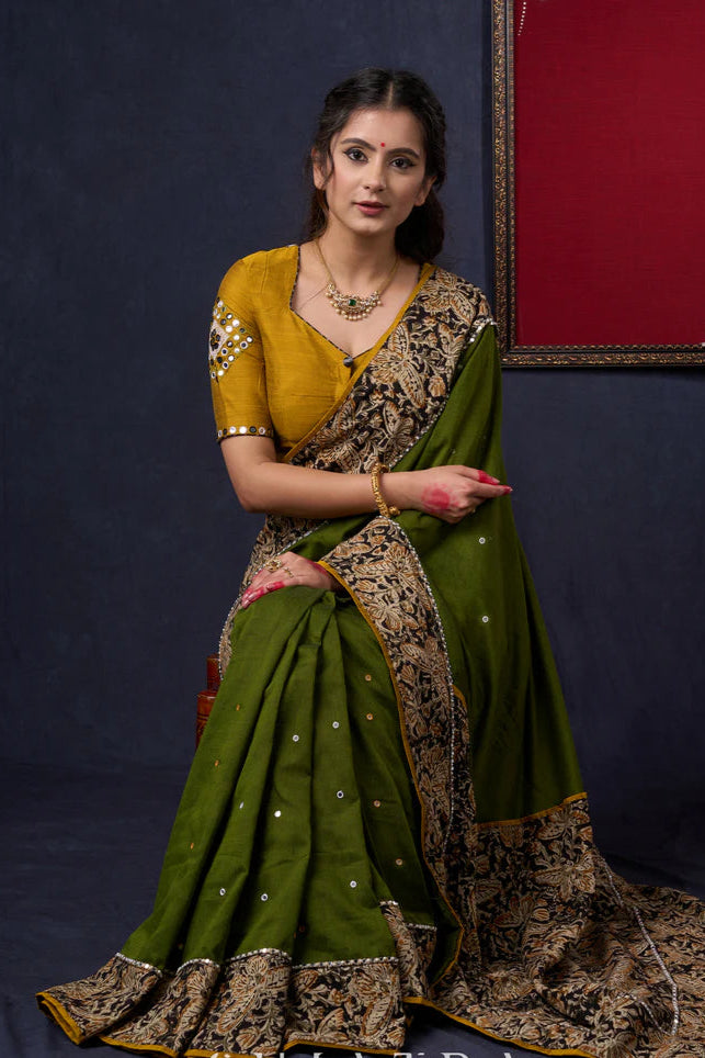 Moss Green Cotton Saree with Kalamkari Border