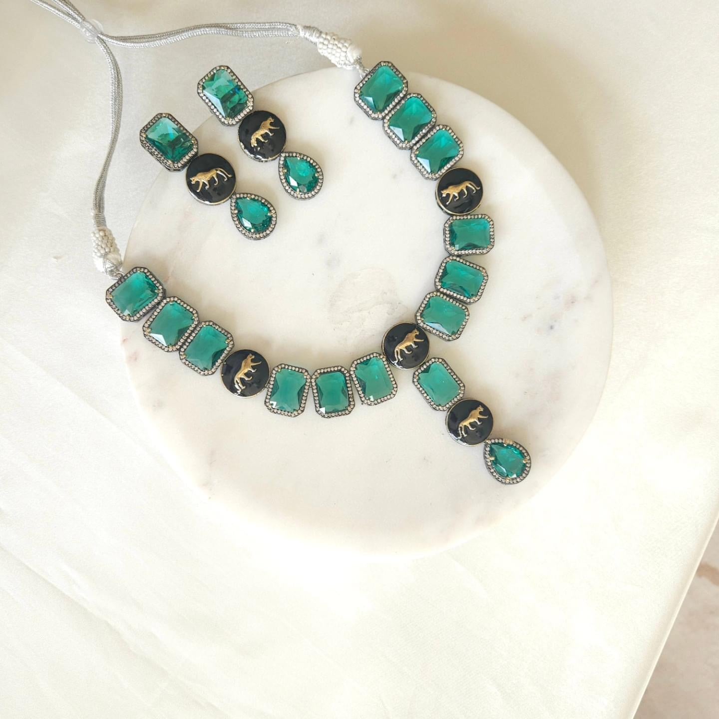 Sabyasachi inspired contemporary necklace set in Black and Green Stone