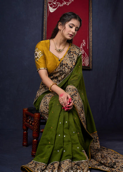 Moss Green Cotton Saree with Kalamkari Border