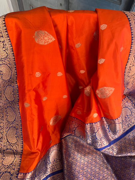 Pure Katan Silk Handloom Saree in Orange and Royal Blue