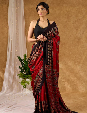 Pure Modal Silk Maroon Block Printed Saree