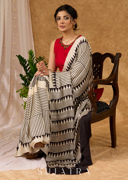 Off White Pure Modal Silk Hand Block Printed Striped Saree