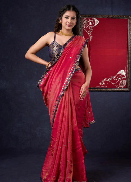 Tissue Saree with all-over mirror work with Banarasi Border